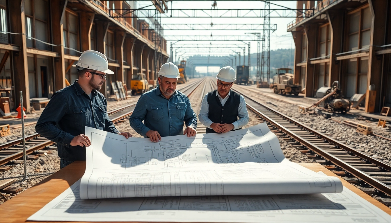 Engineers collaborating on railroad engineering blueprints at a construction site.