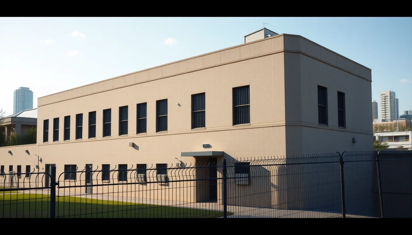 OC Jail showcasing a modern facility with security features and a clean urban setting.
