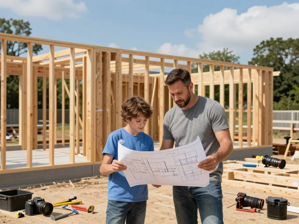 Family team at patco.com constructing a new home with blueprints and tools.