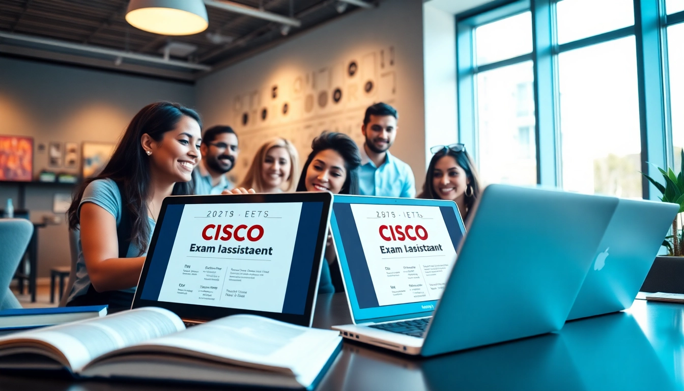 Group collaboration on Cisco exam assistance in a modern office with laptops and tech materials.