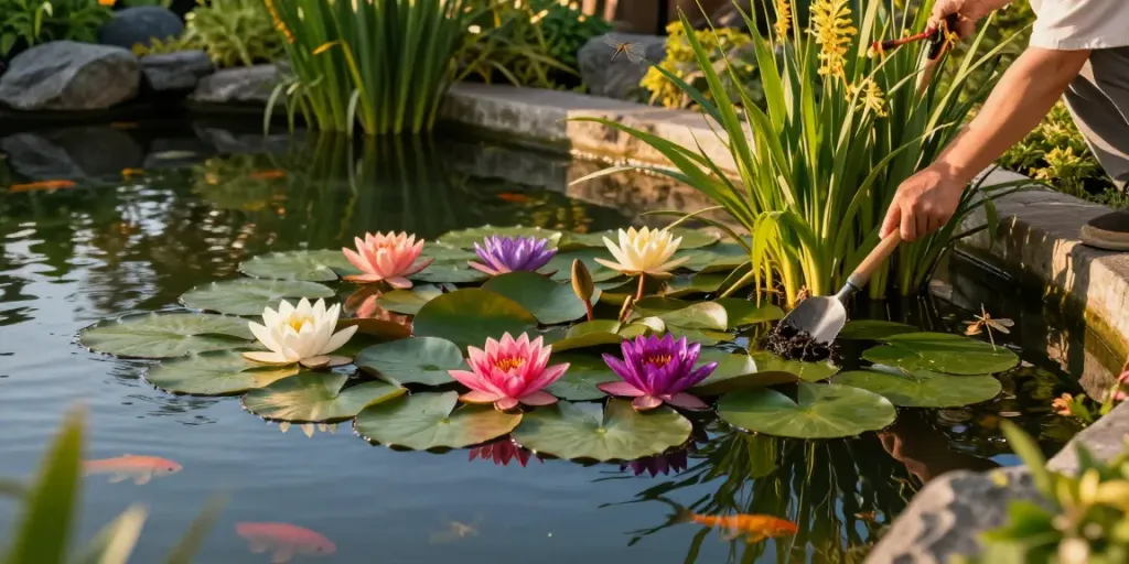 Buy Water Lilies in a tranquil garden pond with colorful blooms and gentle care.