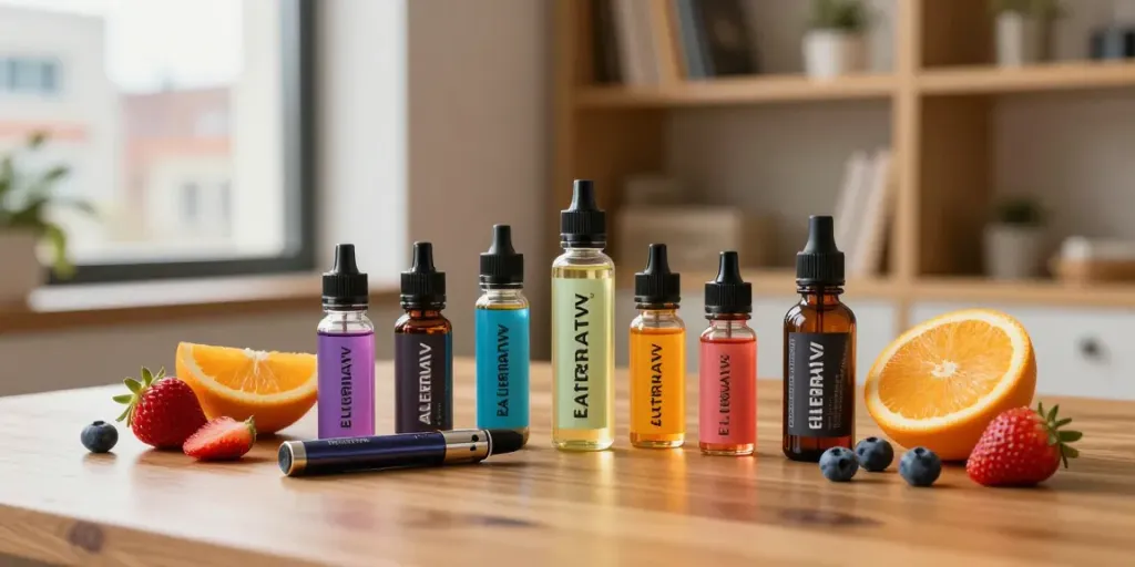 Discover an exciting alternativ e-liquid bundle showcasing vibrant flavors, stylish vape pen, and fresh fruits in an inviting setting.