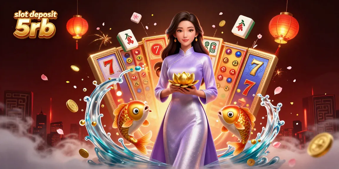 Experience excitement with slot deposit 5rb as a vibrant Asian woman plays amidst gold koi and animated slots.