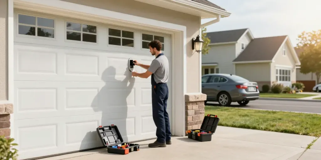 Technician inspecting a garage door that won't open in a sunny Bayswater residential setting.