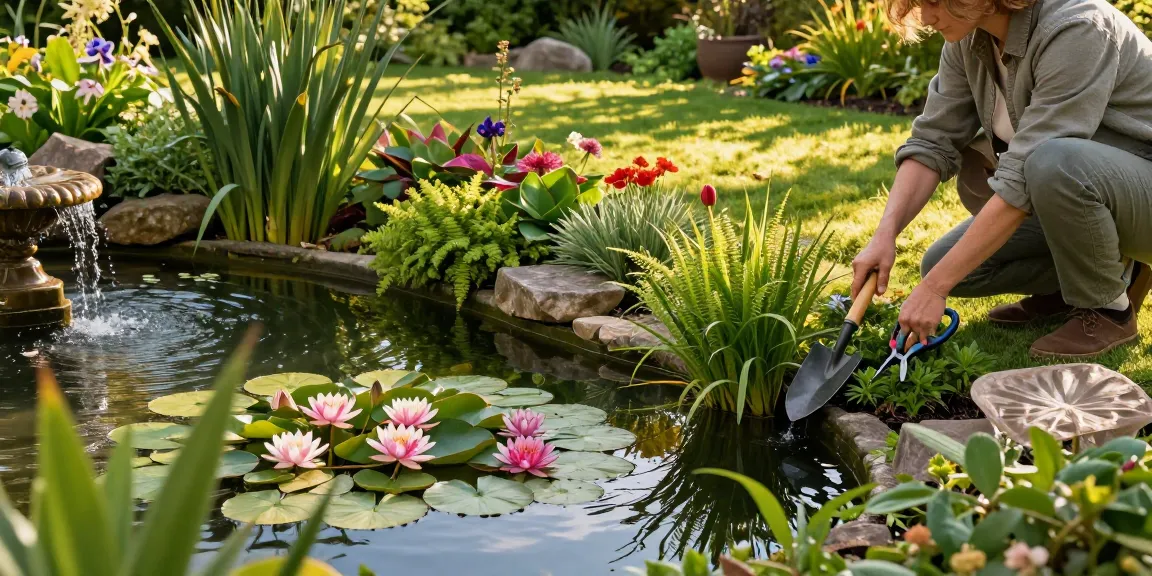 British Pond Plants flourishing in a serene garden pond, featuring water lilies and lush greenery.