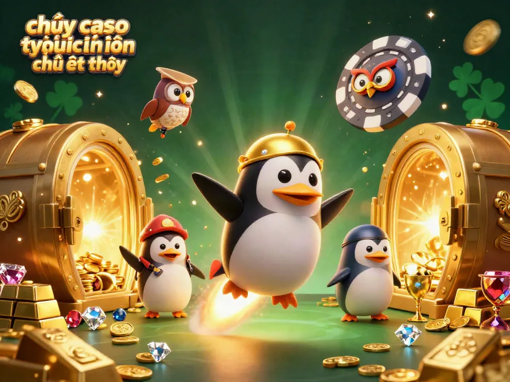 Chơi casino trực tuyến trên điện thoại với hình ảnh chú chim cánh cụt vàng phóng qua không gian mê hoặc.
