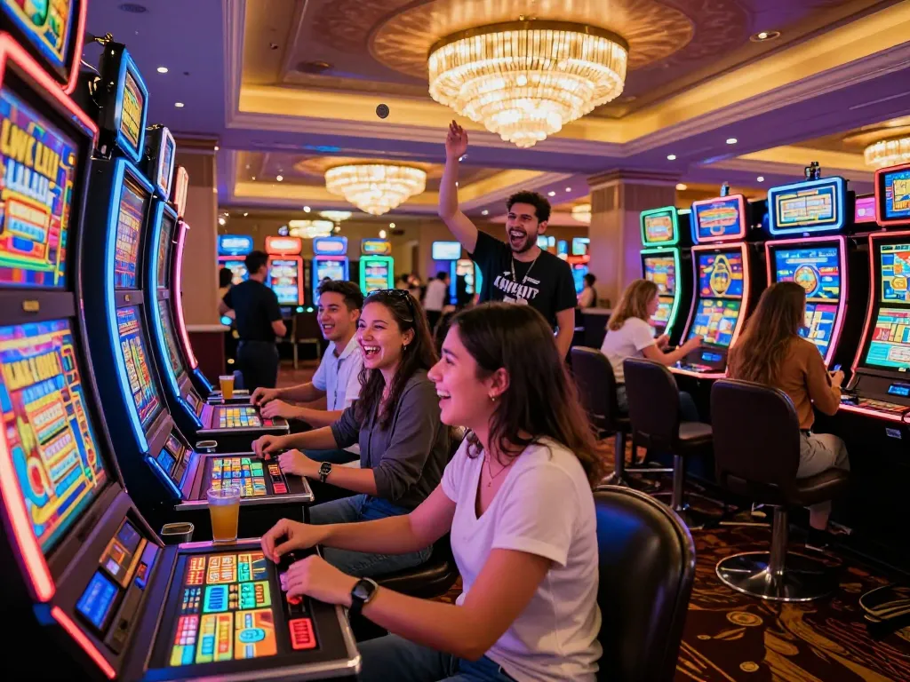 Teman-teman menikmati malam di kasino bermain mesin link slot di tengah cahaya yang cerah.