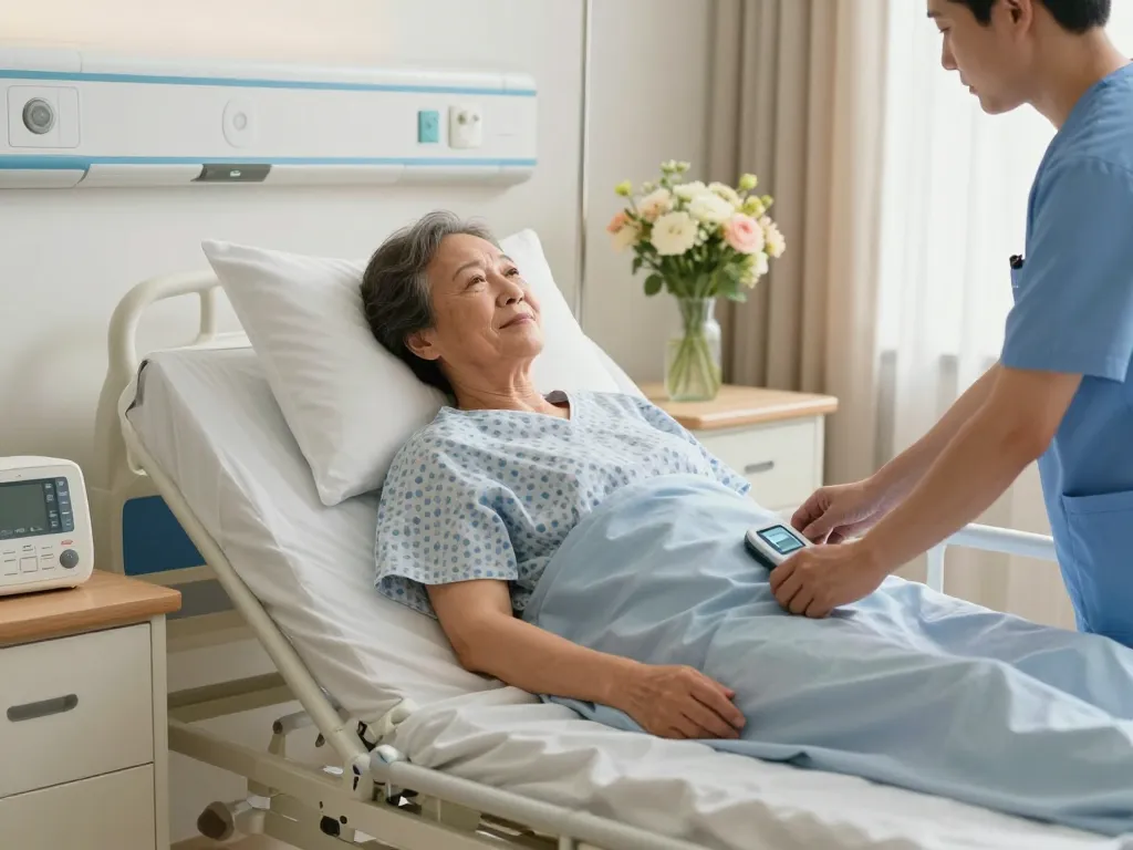 Comfortable giường bệnh nhân in a modern hospital room, showcasing adjustable features for patient care.