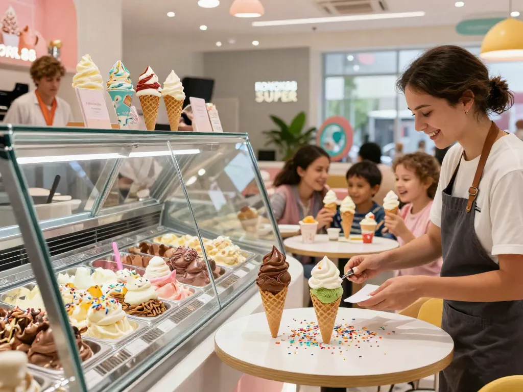 Delicious assortment of ROKOK88 slot ice cream flavors, enticing patrons in a vibrant parlor.