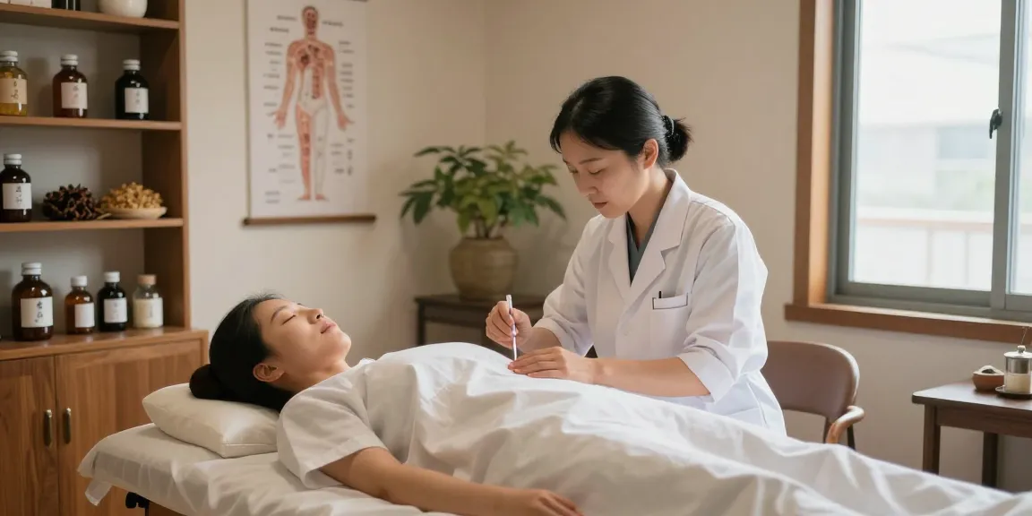 Patient receiving acupuncture treatment at 수원한의원, illustrating holistic health care.