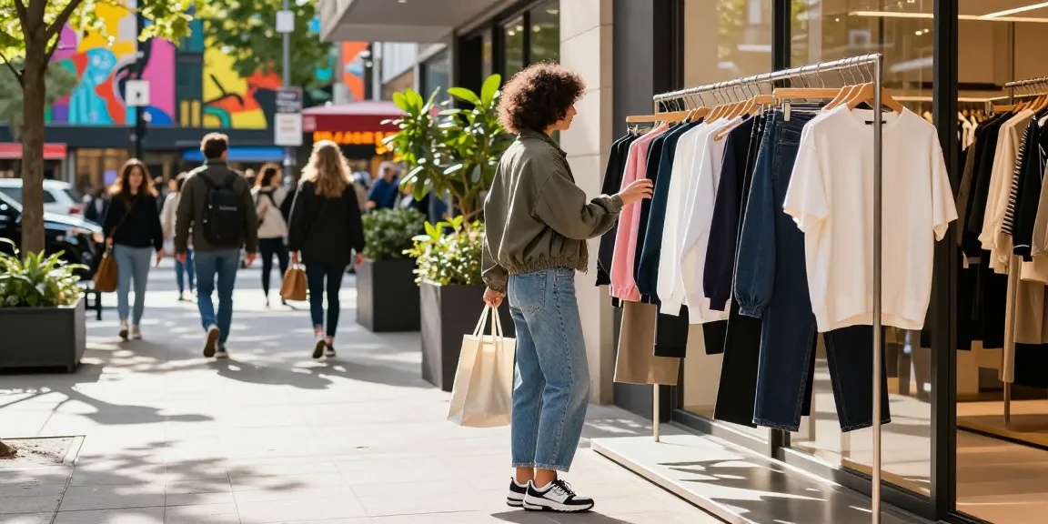 Fashionable shopper exploring stylish outfits at https://shs-dome5.com/ urban retail outlet amidst vibrant city life.