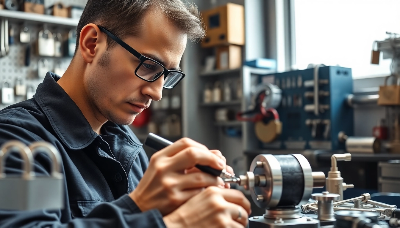 Locksta locksmith demonstrating skills with advanced tools in a modern workshop.