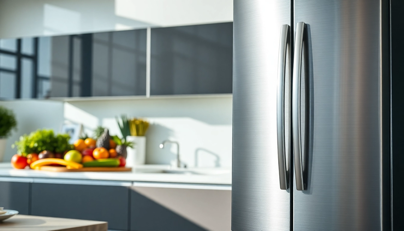 A modern refrigerator enhances a bright kitchen, showcasing freshness and style.