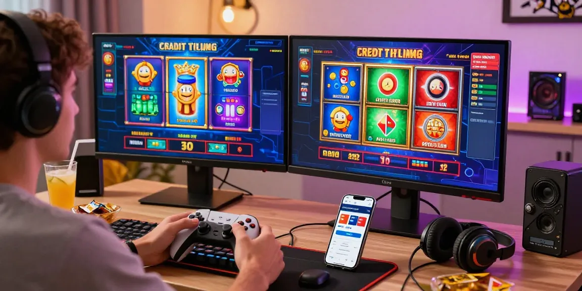 Exciting gaming atmosphere with a player enjoying top Visa and Mastercard casinos, dual monitors displaying games, snacks, and cozy lighting.