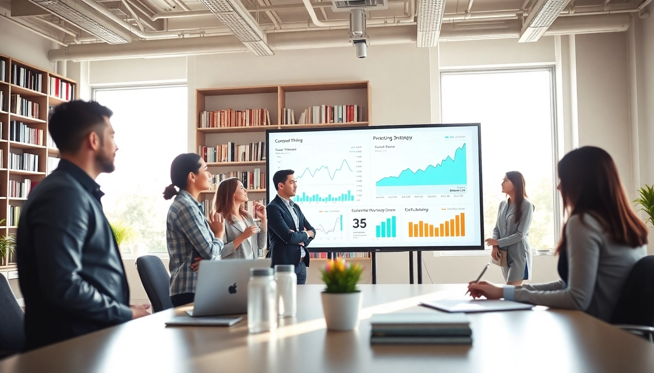Analyze competitor pricing strategies in a professional office environment with charts and teamwork.