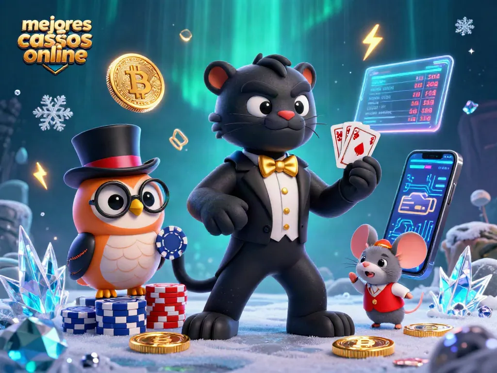 Ilustra a los mejores casinos online con una pantera elegante y un búho en un entorno vibrante.