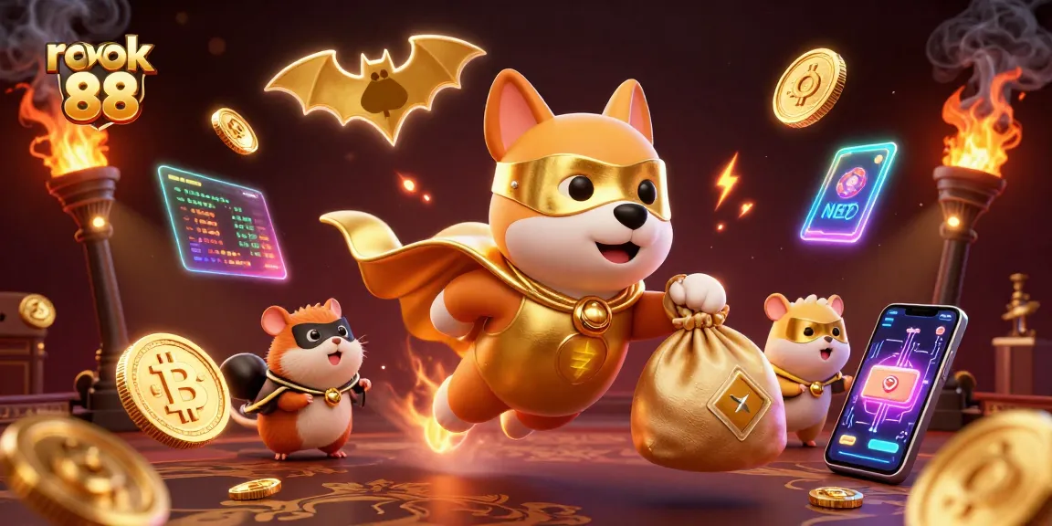 Engage in the excitement with a rokok 88 themed illustration featuring a superhero dog and hamster, surrounded by casino elements.