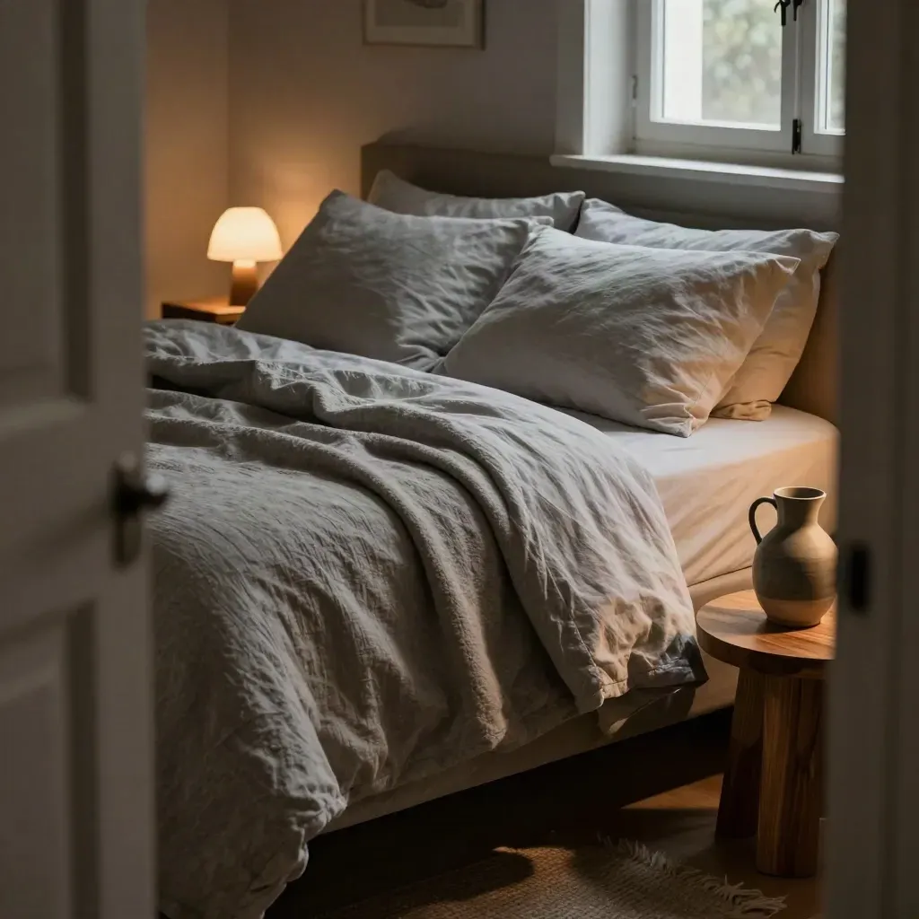 Layered linen bed at dusk with glowing lamp and ceramic carafe on oak table.