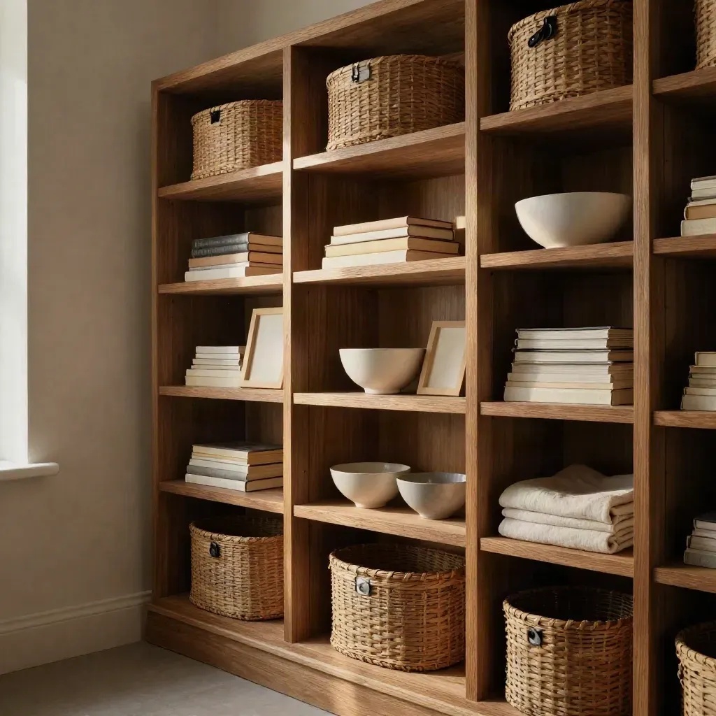 Open oak bookshelf with woven bins, books, ceramic bowls, blank frames and a folded throw in warm light.