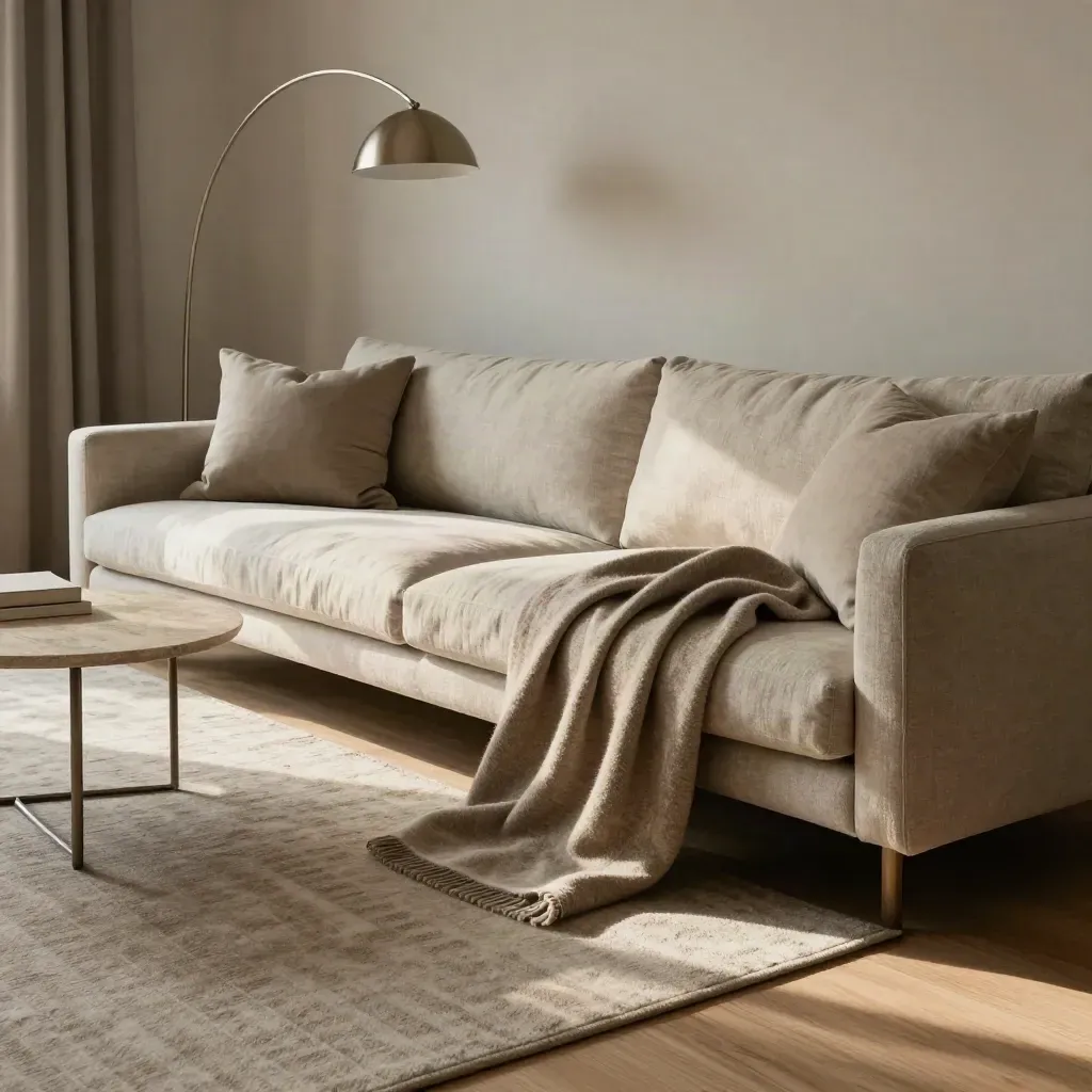 Sofa with throw mid-fall, ribbed rug, nesting tables and arc lamp in a calm sage-toned living room