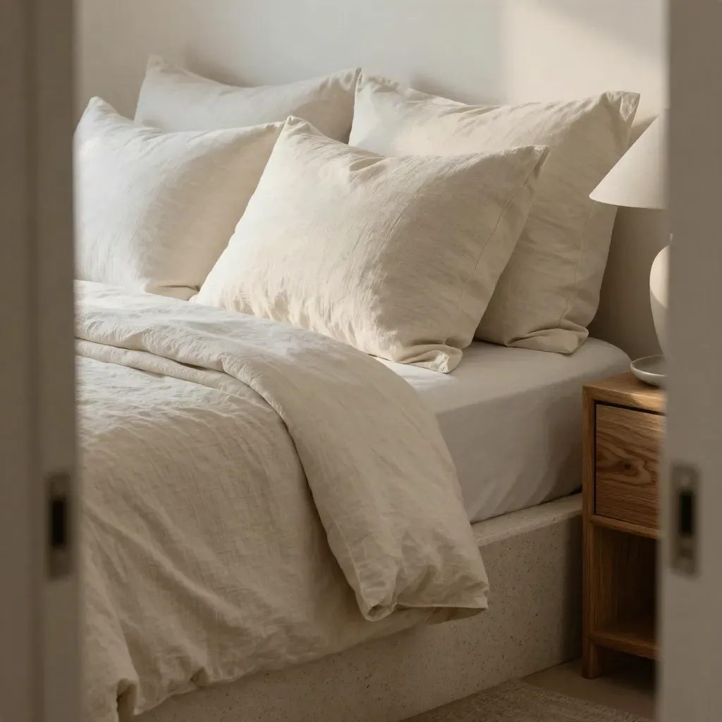 Layered pillows, linen coverlet, plaster lamp and oak nightstand in soft morning light.