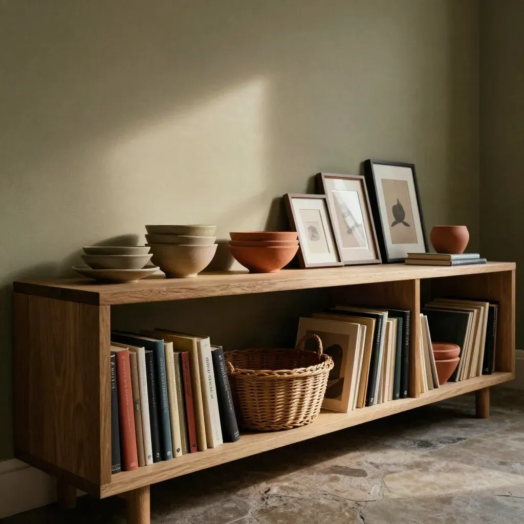 Oak shelf mid-reset with books, bowls, frames, and a shifted basket in dramatic light.