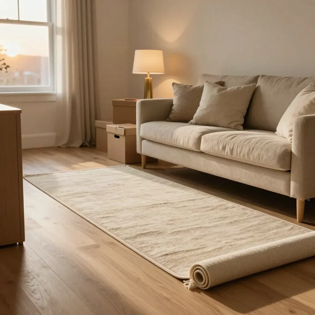 Floor-level view of a nearly finished living room with rug, pillows, boxes, and a glowing lamp.