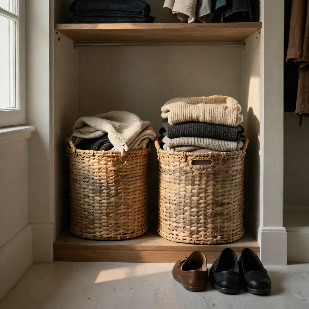 Open closet with woven bins, folded sweaters, and shoes on a plaster floor.