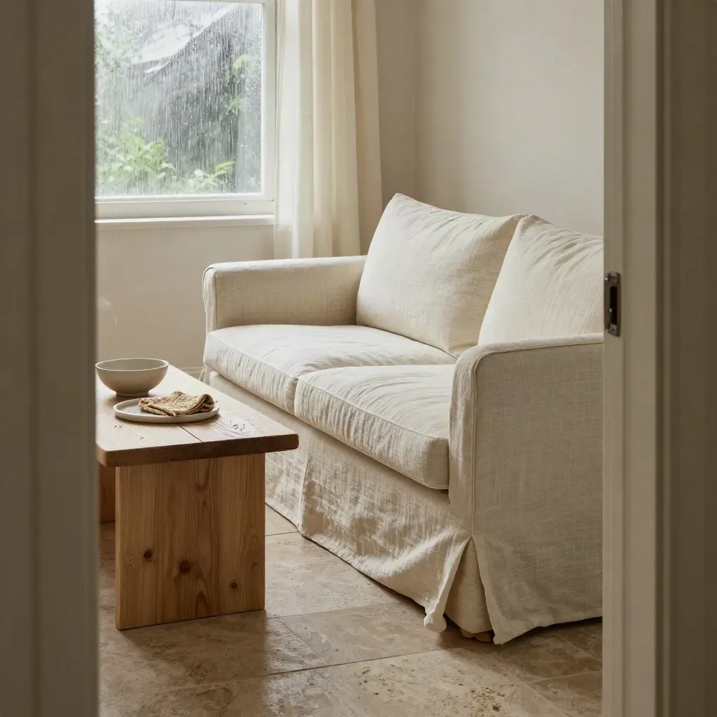 High corner view of a sage sofa, cream drapery and pale oak table in a bright rain-fresh living room.