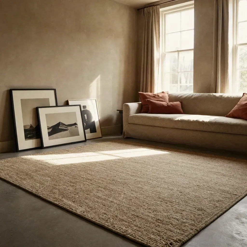 Low-angle rental living room with rug, off-axis art, terracotta pillows, and sunlit curtains.