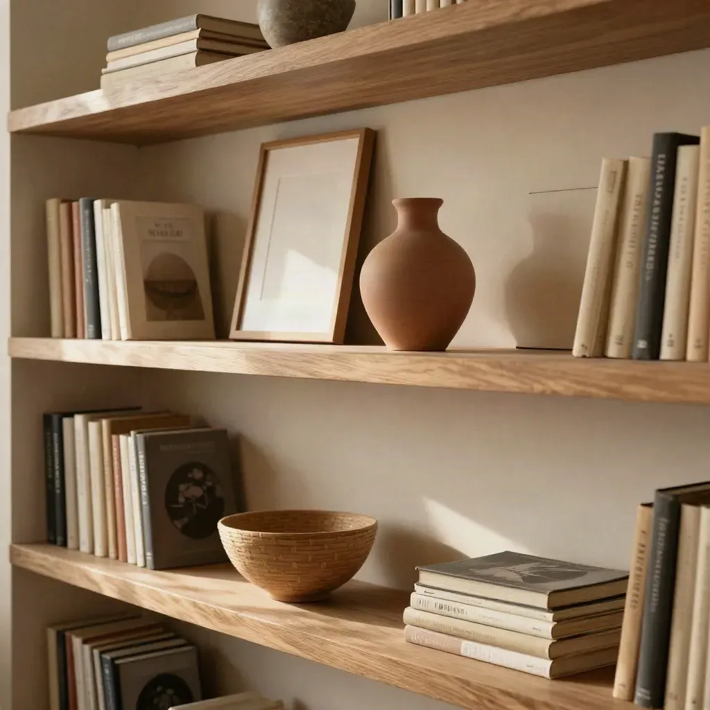 Oak shelf with spine-in books, blank frames, clay vase, and woven bowl in warm window light.