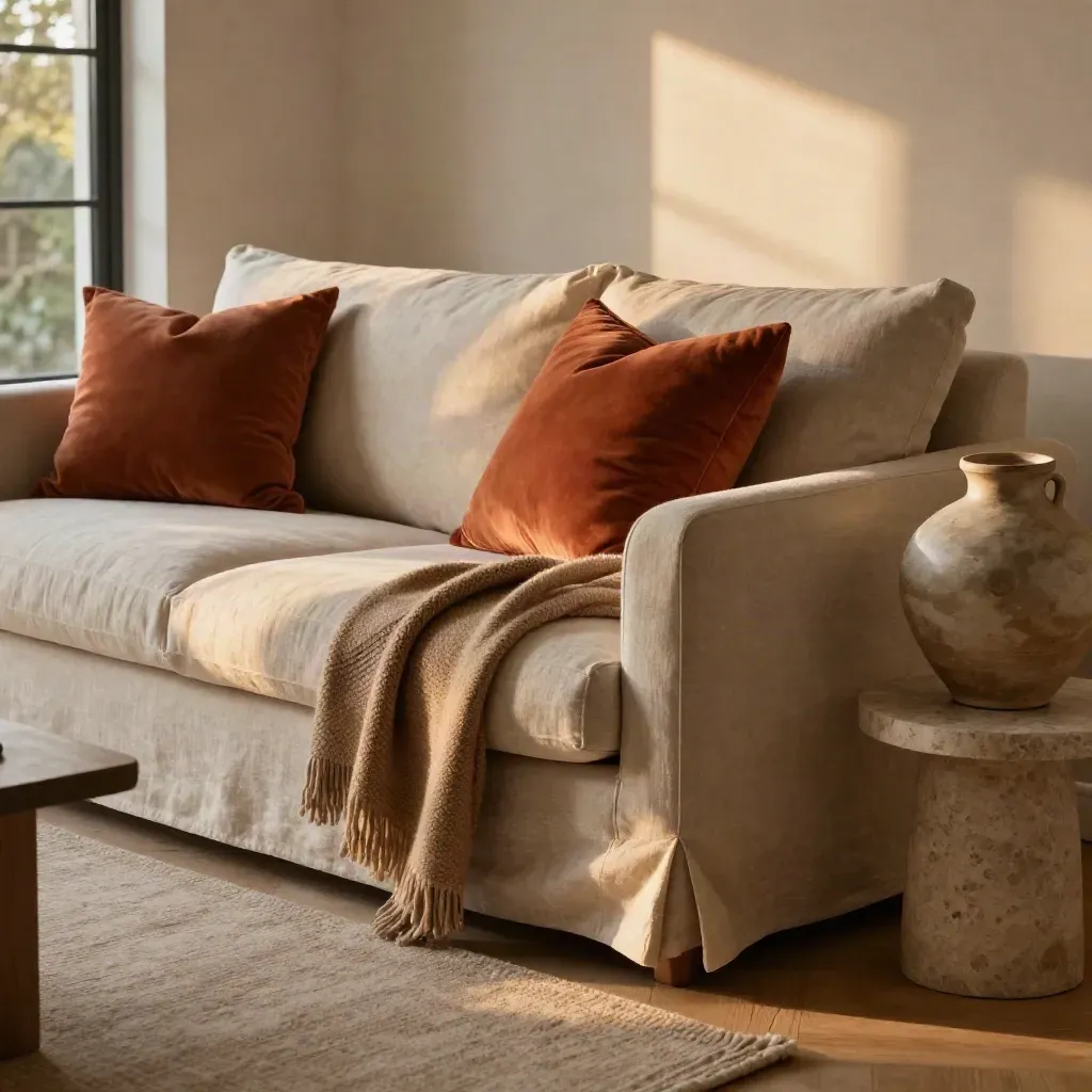 Terracotta pillows and clay vase on a neutral sofa in warm evening light