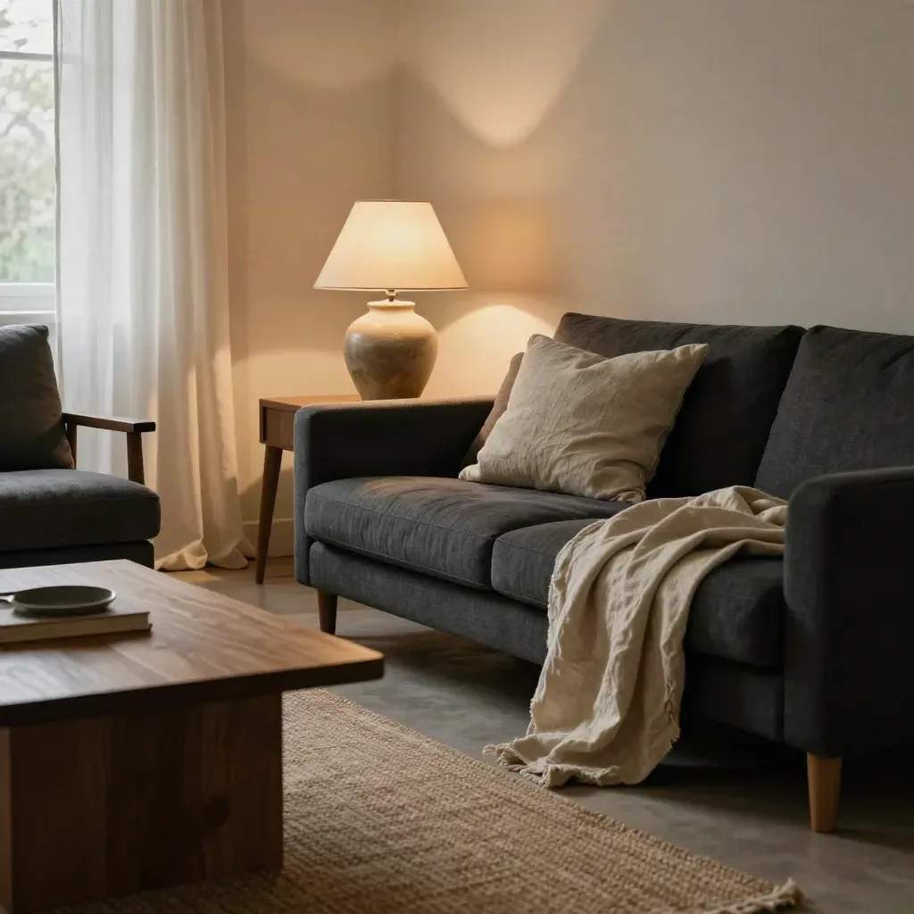 Refreshed living room with lamp, cushions, rug, side table, and moving curtains