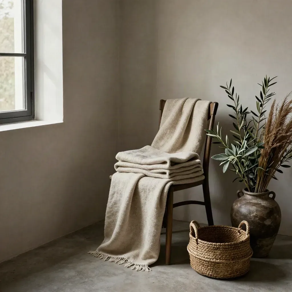 Moody room corner with layered throws, a woven basket, and seasonal stems in window light.