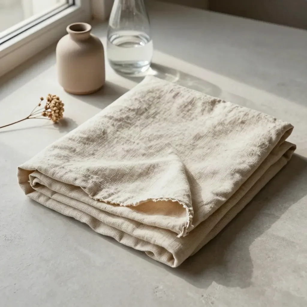 Top-down linen swatch, lamp base, carafe and dried stem on pale plaster.