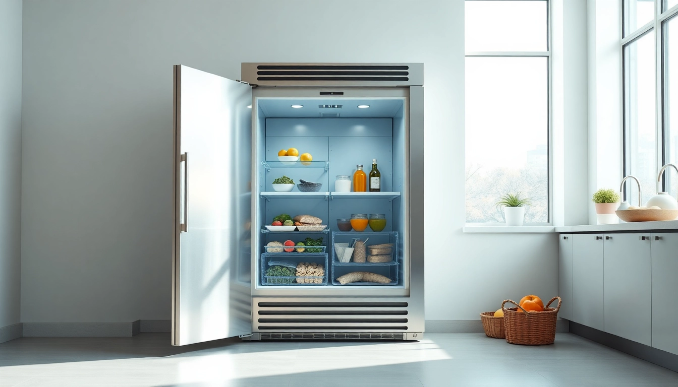 Showcase of a modern freezer filled with neatly organized frozen food items.
