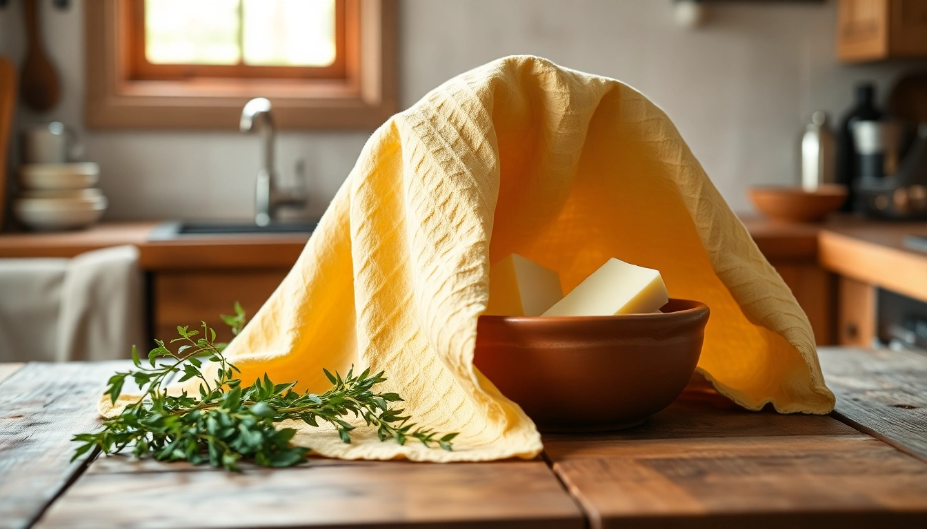 Kaasdoek elegant op een houten aanrecht met vers gemaakte kaas en kruiden.