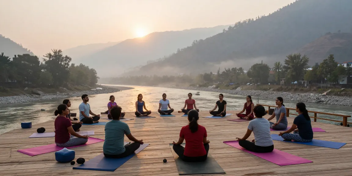 Students engaged in 500 hour yoga teacher training Rishikesh India amidst the serene Himalayan landscape.