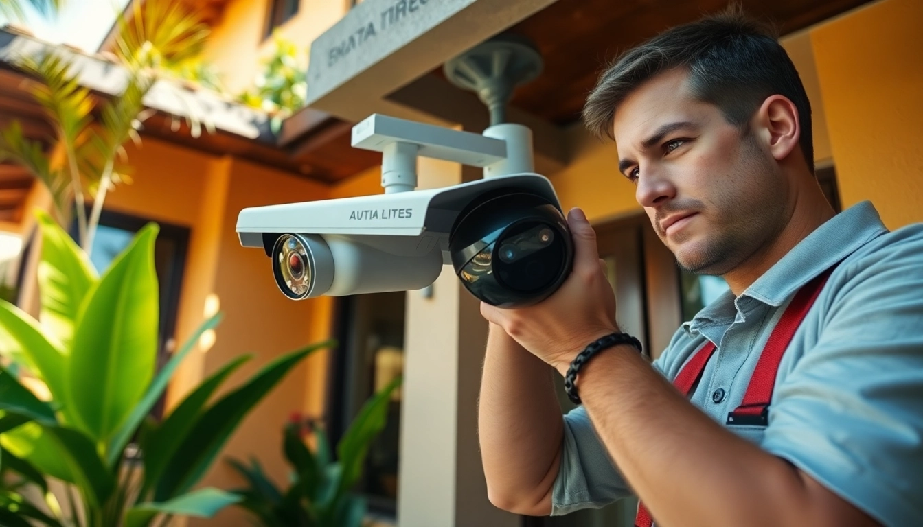 Instalación de cámaras de seguridad en Guanacaste por un técnico en una casa moderna, que demuestra experiencia profesional.