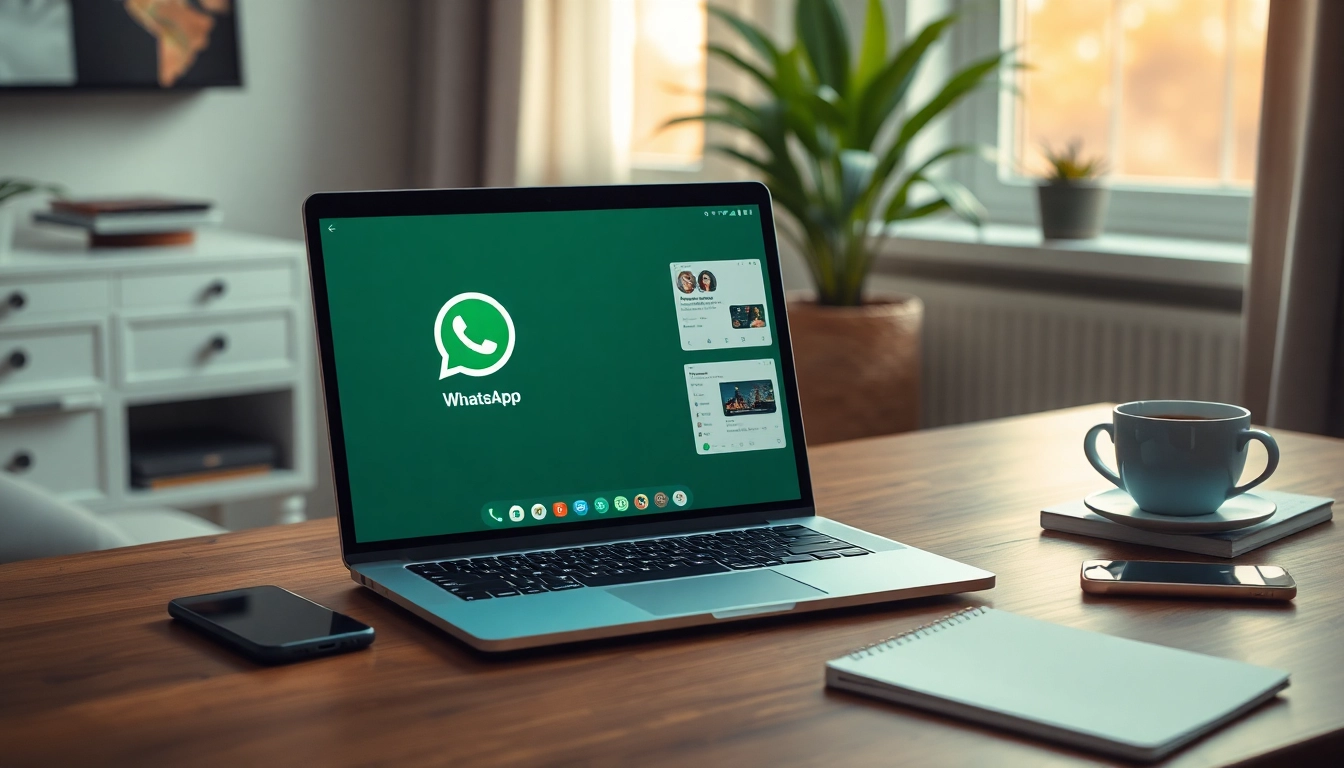 在舒适的家庭办公室环境中，现代笔记本电脑上显示的 WhatsApp网页版界面，象征轻松沟通。