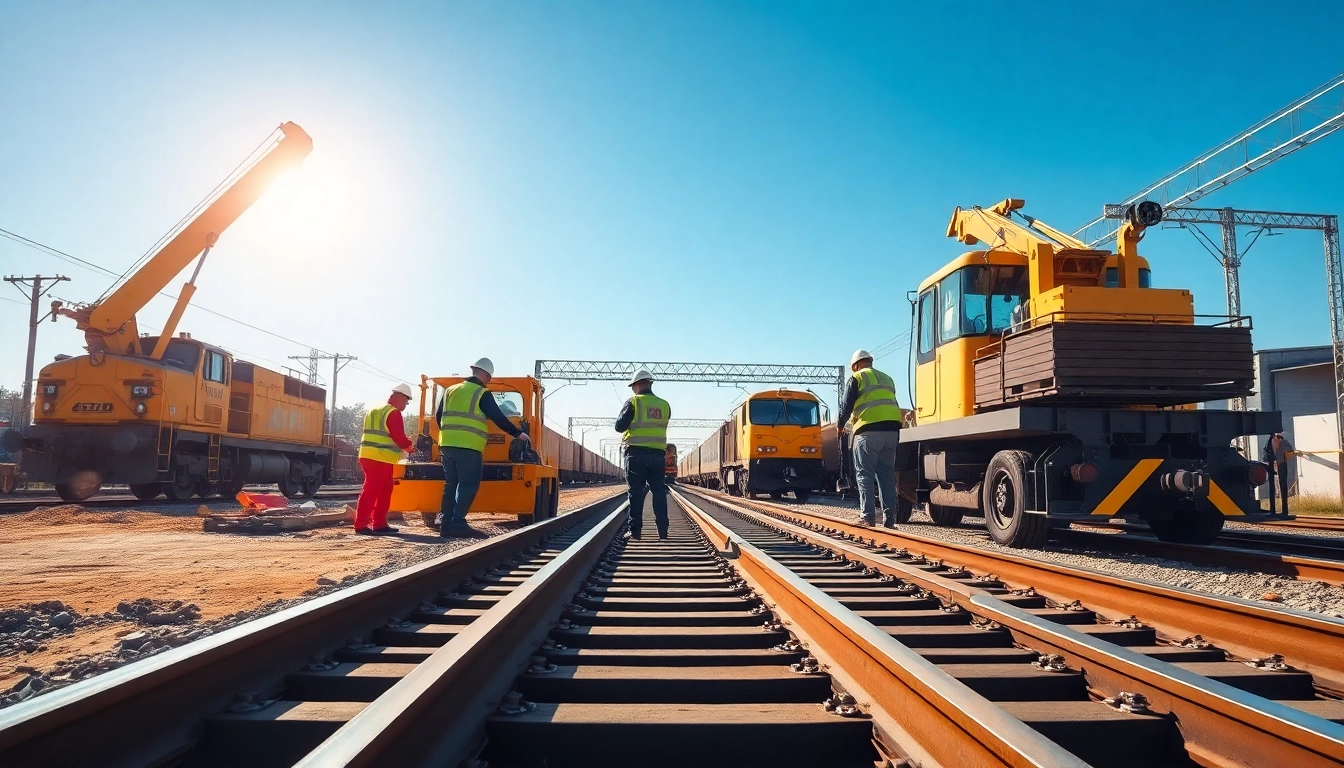 Workers repairing railroad tracks during Railroa Maintenance Services, showcasing teamwork and machinery.
