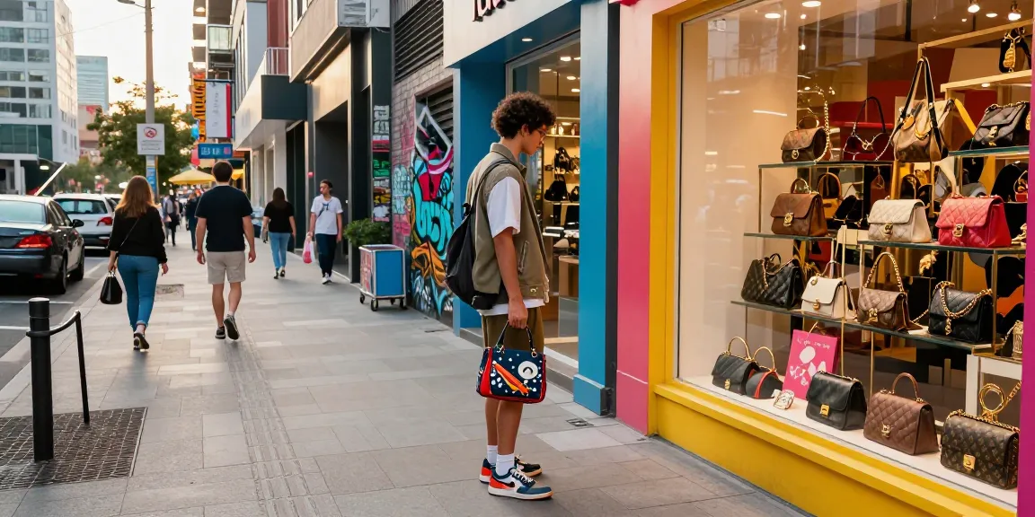 Fashionable person exploring a luxury replica accessories store in a vibrant urban setting showcasing 명품 레플리카.