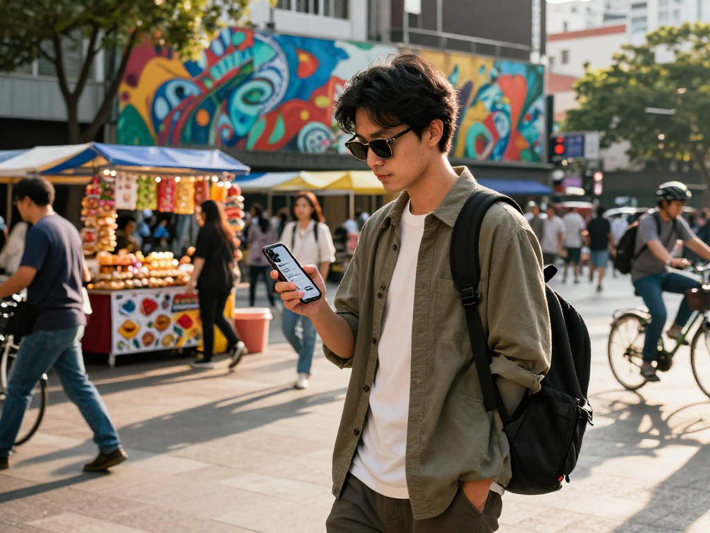 Young professional checking rokok88 app notifications in a vibrant urban square.