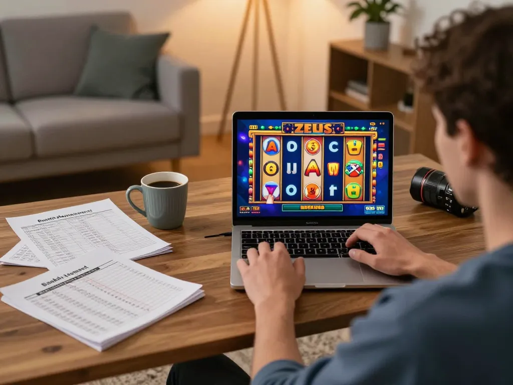 Pemain menikmati permainan slot Zeus di laptop dalam pengaturan rumah yang nyaman, fokus pada permainan strategis dan catatan bankroll.