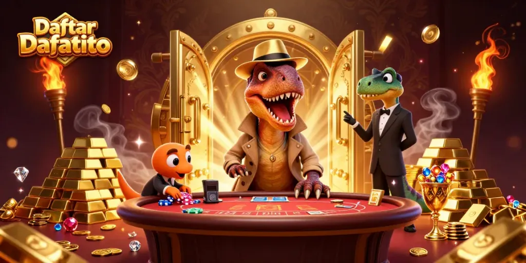 Visualisasi Daftar Dafatoto dengan karakter kartun dino di kasino, penuh dengan harta dan keajaiban.