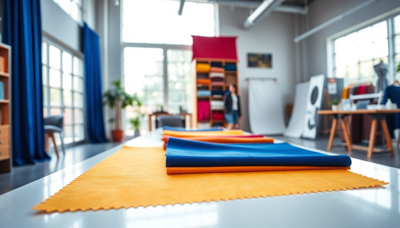 Stoffen online bestellen met kleurrijke monster in stijlvolle showroom.