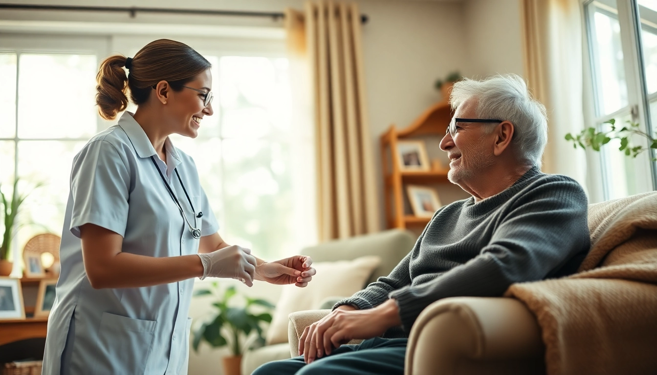 Elderly in home care near me showcasing a caring caregiver assisting an elderly client in a warm home environment.