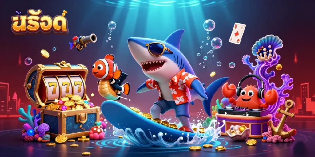 Engage with สล็อต excitement as a shark surfs gold coins while showcasing vibrant casino elements.