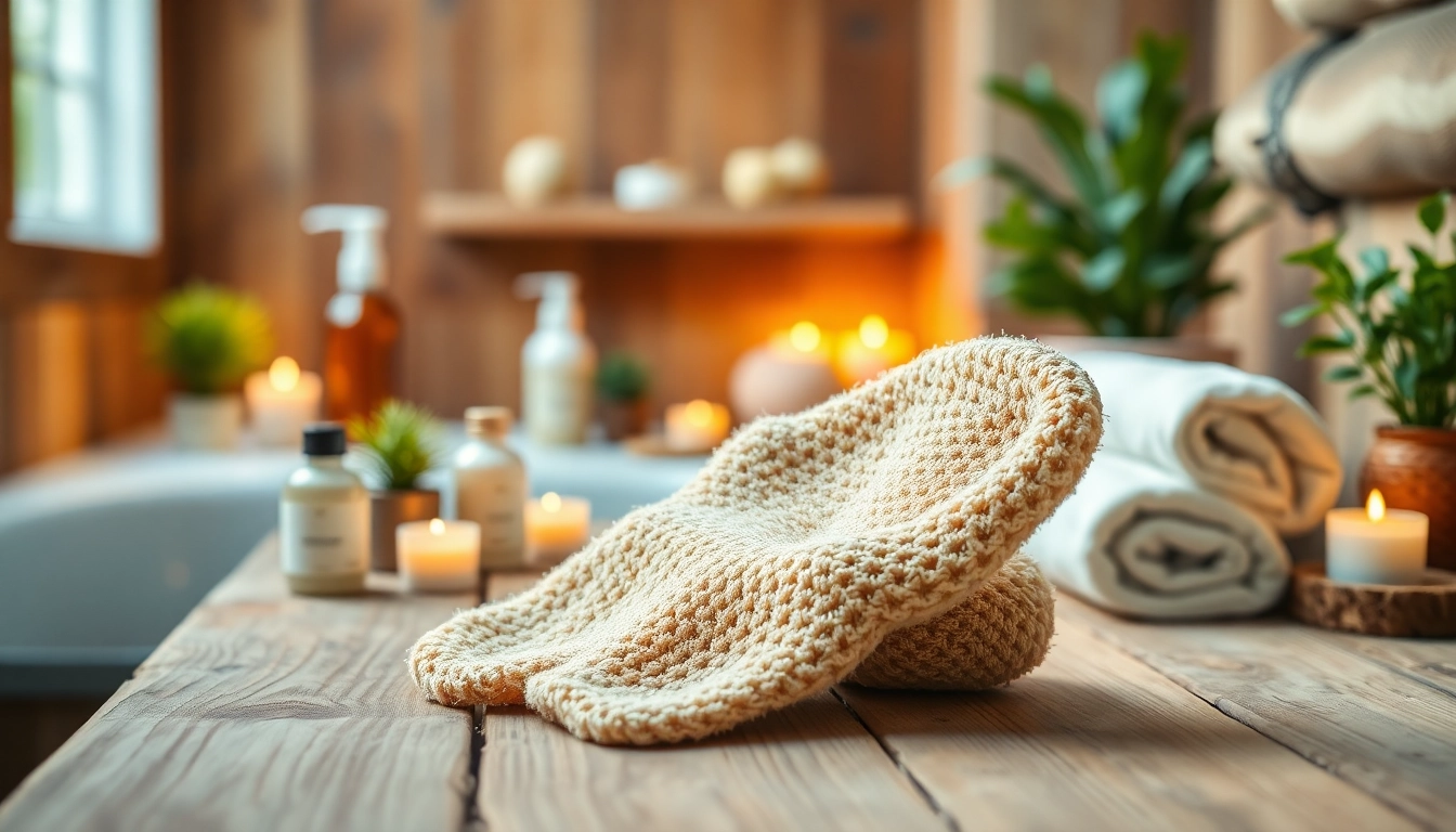 Examine the unique features of a hand loofah glove paired with natural skincare products.