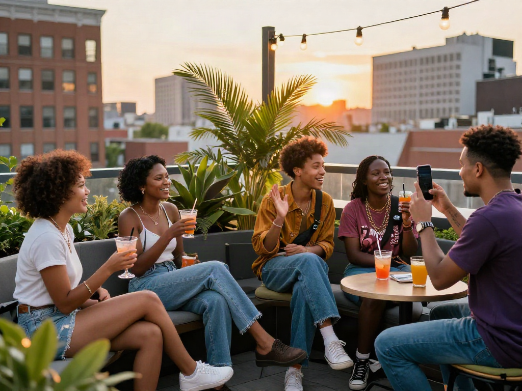 Friends enjoying a lively gathering in urban streetwear with rokok88 style on a rooftop terrace.